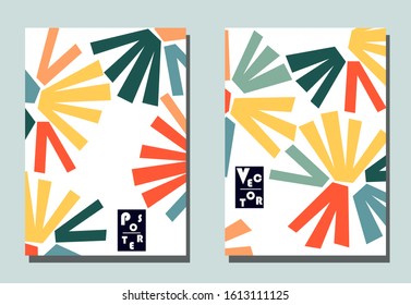 Cover with graphic elements - abstract shapes. Two modern vector flyers in puzzle  style. Geometric wallpaper for business brochure, cover design. 