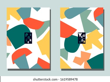 Cover with graphic elements - abstract shapes. Two modern vector flyers in puzzle  style. Geometric wallpaper for business brochure, cover design. 