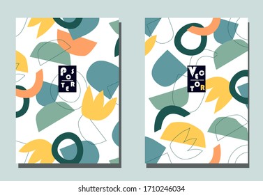 Cover with graphic elements - abstract shapes. Two modern vector flyers in puzzle  style. Geometric wallpaper for business brochure, cover design. 
