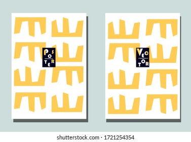 Cover with graphic elements - abstract shapes. Two modern vector flyers in puzzle  style. Geometric wallpaper for business brochure, cover design. 