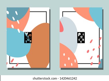 Cover with graphic elements - spots and dots. Blue, grey, pink, beige colorspotss.Two abstract modern vector templates of flyers. A4 format. 