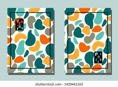 Cover with graphic elements - spots and dots. Blue, orange, yellow, grey colorspotss.Two abstract modern vector templates of flyers. A4 format. 