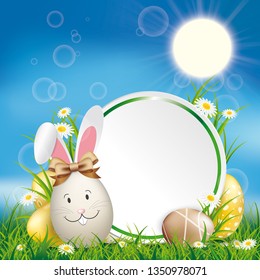 Cover with green grass , blue sky and easter eggs. Eps 10 vector file.