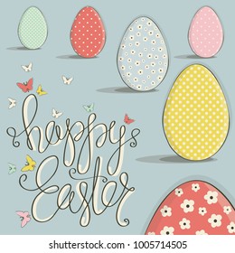 Cover for greeting cards to day happy Easter. Shown Easter eggs in different colors and with different ornaments on them. The phrase happy Easter on a blue background. Multi-colored butterflies.