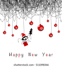 Cover for greeting cards happy new year. Shows the spider on the web is decorated with a garland of candles and Christmas decorations red. The spider in the hat holding gift box and Christmas tree.