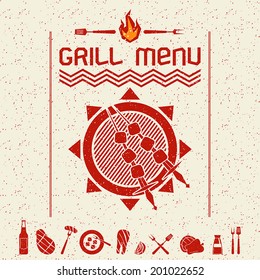 Cover grill menu and icons in a flat style, dark red color