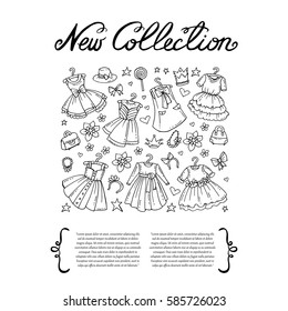 Cover with hand drawn collection of dresses on white background. Set on the theme of fashion and beauty. Vector background for use in design