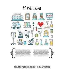 Cover with hand drawn colored symbols of hospital, pharmacy on white background. Set on the theme of medicine, medical equipment, health. Vector background for use in design