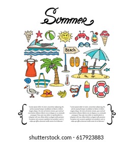 Cover with hand drawn colored symbols of summer on white background. Set on the theme of sea, beach, travel and recreation. Vector background for use in design