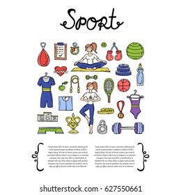 Cover with hand drawn colored symbols of sport on white background. Set on the theme of fitness, healthy lifestyle, workouts. Vector background for use in design