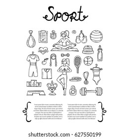 Cover with hand drawn isolated symbols of sport on white background. Set on the theme of fitness, healthy lifestyle, workouts. Vector background for use in design