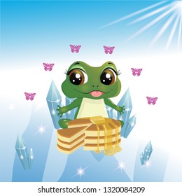 cover with ice background and frog with pancakes on it