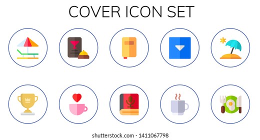 cover icon set. 10 flat cover icons.  Collection Of - sunbed, cup, menu, books, book, coffee cup, sun umbrella, dinner