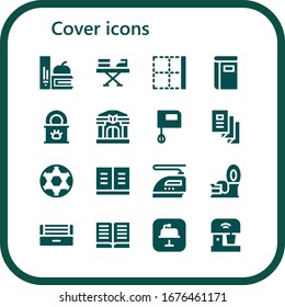 Deckensymbol-Set. 16 gefüllte Titelsymbole.  Einfache, moderne Symbole wie: Bücher, Bügeleisen, -bretter, -buch, Zinnnahrung, Bibliothek, Mixer, Doppelfach, Ball, Zinn, Ultraviolett, Schlüsselnote