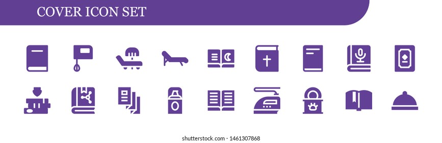 cover icon set. 18 filled cover icons.  Collection Of - Book, Mixer, Sunbed, Deck chair, Bible, Books, Trifold, Foundation, Iron, Tinned food, Dinner