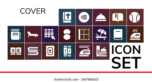cover icon set. 19 filled cover icons.  Collection Of - Bible, Dictionary, Book, Books, Library, Iron, Deck chair, Foundation, Border, Sunbed, Skip, Dinner, Ball