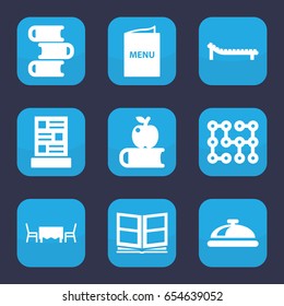 Cover icon. set of 9 filled cover icons such as dish, photo album, menu, restaurant table, sunbed, electric circuit, book