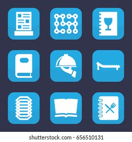Cover icon. set of 9 filled cover icons such as book, menu, dish serving, sunbed