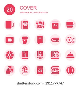 cover icon set. Collection of 20 filled cover icons included Cup, Book, Dinner, Dictionary, Coffee cup, Books, Football ball, Ball, Science book, Serving dish, Oath