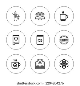 Cover icon set. collection of 9 outline cover icons with atomic, book, bottle cap, coffee cup icons. editable icons.