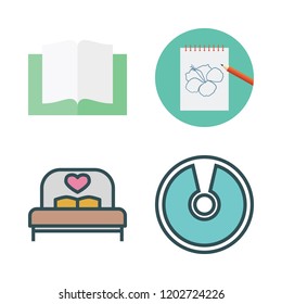 cover icon set. vector set about bed, open book, notebook and compact disc icons set.