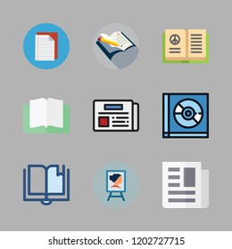 cover icon set. vector set about canvas, open book, newspaper and compact disc icons set.