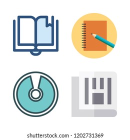 cover icon set. vector set about compact disc, notebook, newspaper and open book icons set.