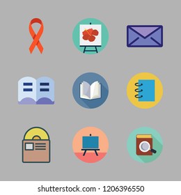 cover icon set. vector set about ribbon, open book, envelope and notebook icons set.