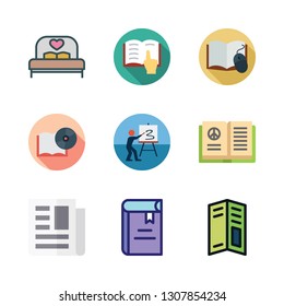 cover icon set. vector set about open book, pamphlet, canvas and bed icons set.