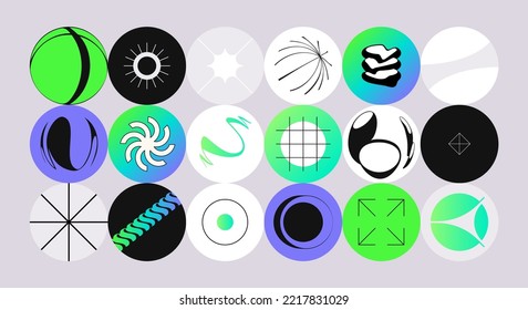 Cover icons for saved stories for social media. Vector set of strict stickers in brutalism style. Abstract geometric shapes