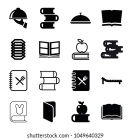 Cover icons. set of 16 editable filled and outline cover icons such as book, apple on book, photo album, menu, dish serving, sunbed, electric circuit