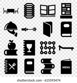 Cover icons set. set of 16 cover filled icons such as book, photo album, menu, dish serving, restaurant table, sunbed, electric circuit