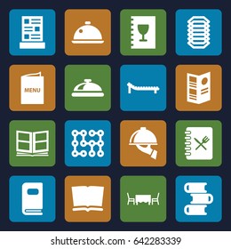 Cover icons set. set of 16 cover filled icons such as dish, photo album, menu, dish serving, restaurant table, sunbed, electric circuit
