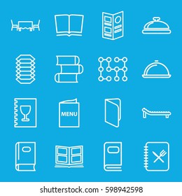 cover icons set. Set of 16 cover outline icons such as dish, book, photo album, menu, restaurant table, sunbed