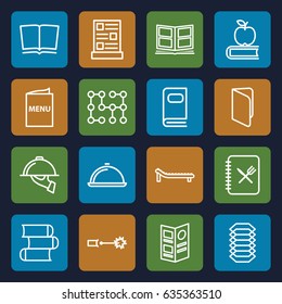 Cover icons set. set of 16 cover outline icons such as photo album, dish, menu, dish serving, sunbed, electric circuit, book