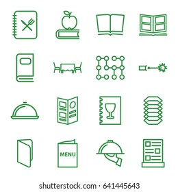 Cover icons set. set of 16 cover outline icons such as photo album, dish, menu, dish serving, restaurant table, electric circuit, book