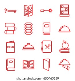 Cover icons set. set of 16 cover outline icons such as dish, book, photo album, menu, dish serving, sunbed, electric circuit