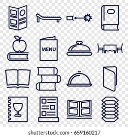 Cover icons set. set of 16 cover outline icons such as dish, book, photo album, menu, restaurant table, sunbed, electric circuit