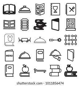 Cover icons. set of 25 editable outline cover icons such as dish, book, apple on book, photo album, menu, dish serving, restaurant table, sunbed