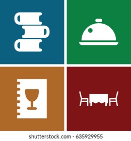 Cover icons set. set of 4 cover filled icons such as dish, menu, restaurant table