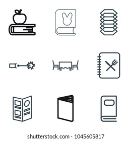 Cover icons. set of 9 editable outline cover icons such as photo album, menu, restaurant table, electric circuit, book