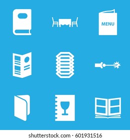 cover icons set. Set of 9 cover filled icons such as book, photo album, menu, restaurant table