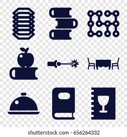 Cover icons set. set of 9 cover filled icons such as book, dish, menu, restaurant table, electric circuit