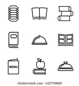 Cover icons set. set of 9 cover outline icons such as dish, photo album, menu, electric circuit, book