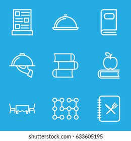 Cover icons set. set of 9 cover outline icons such as photo album, dish, menu, dish serving, restaurant table, electric circuit, book