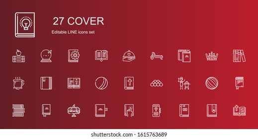cover icons set. Collection of cover with book, cup, books, ceramic, ball, bible, science book, coffee cup, deck chair, dinner. Editable and scalable cover icons.