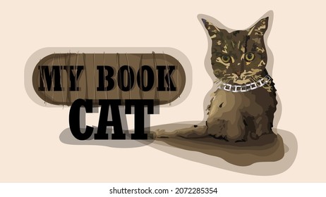 cover illustration for book, magazine or banner. colorful drawn sitting cat. tree sign.