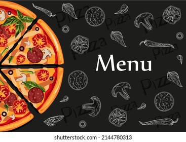Ilustración de portada para pizzería de menú. Sectores de pizza vectorial en el fondo negro
