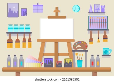 Cover image for presenting works of art. These include oil paintings, easels, canvas, palettes, pencils, brushes. Create works of art well and conveniently.