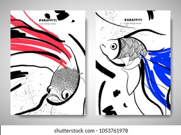 Cover/ invitation card template design, abstract hand drawn brush painting fighting fish, goldfish and art elements, black, red and blue tones